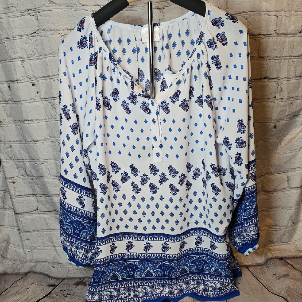Misia Blue and White 3/4 Sleeve Tunic with Relaxed Fit, Sz M